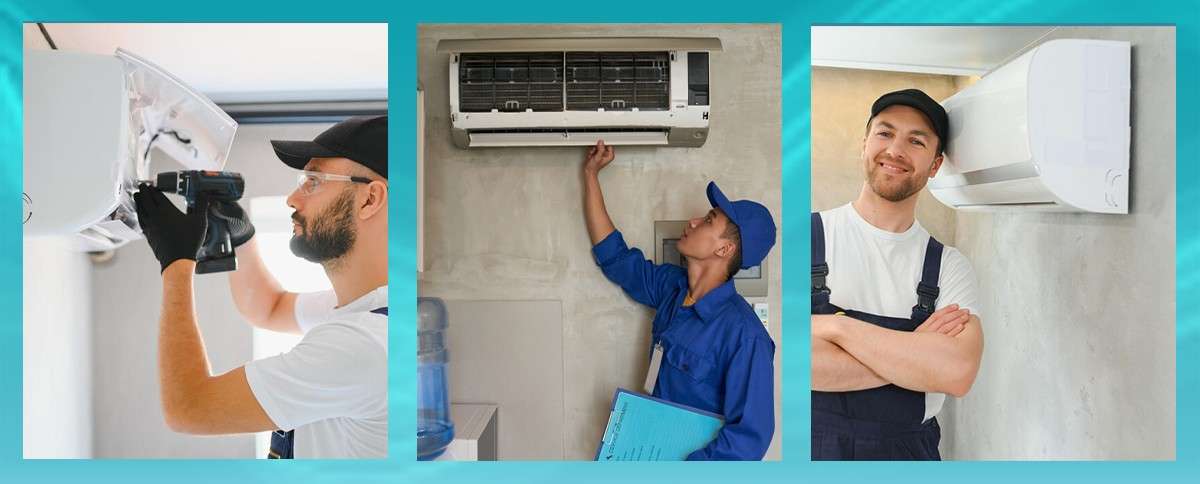 Team of professional HVAC technicians working together